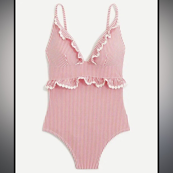 J.Crew Pink & White Seersucker Juliette Tank W/Ruffle Trim One Piece Swimsuit 14 - Picture 3 of 11